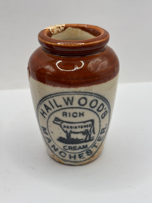 Old advertising cream pot, Hailwoods rich cream. Damaged, repaired