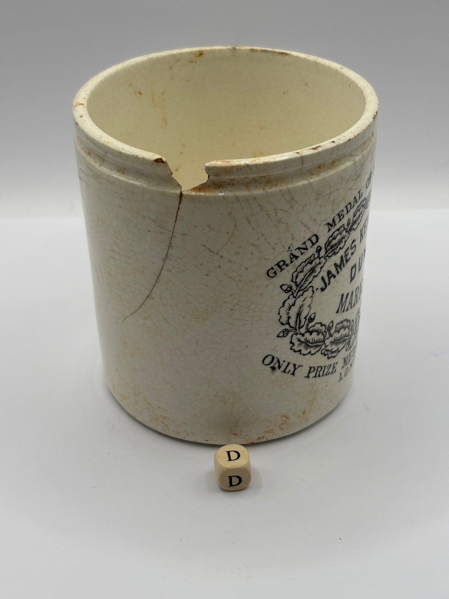 Old 1lb James Keiller Dundee marmalade jar. Damaged (D)
