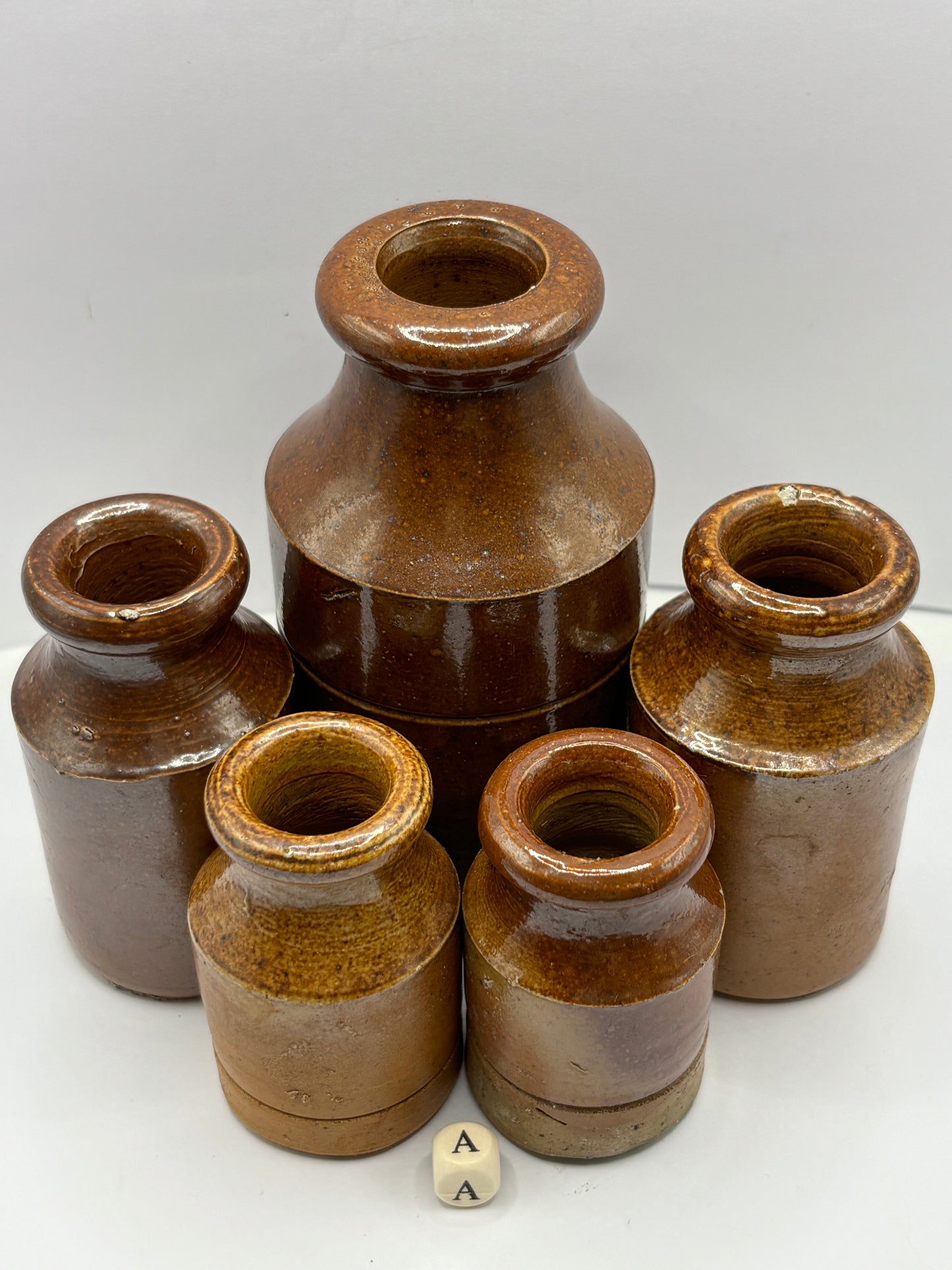 5 old brown stoneware pots (a)