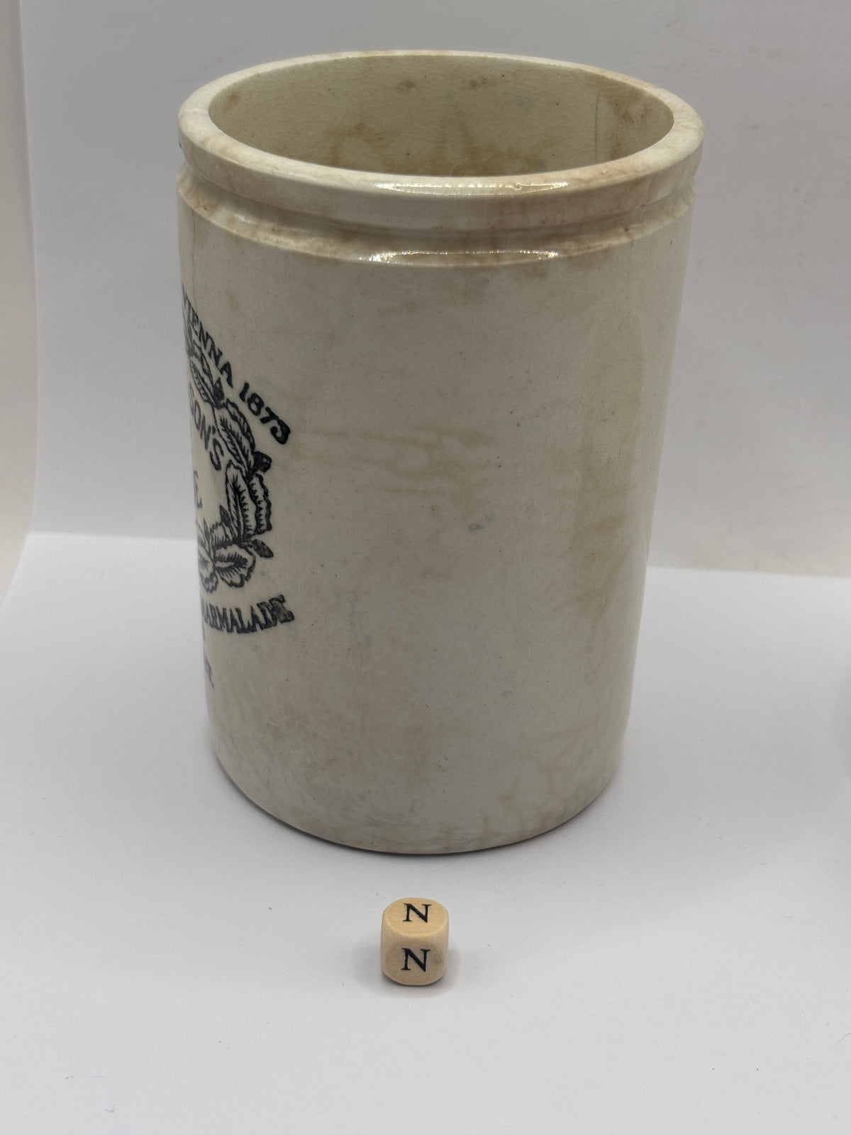 Old 1lb stoneware marmalade pot, James Keiller Dundee marmalade (N)