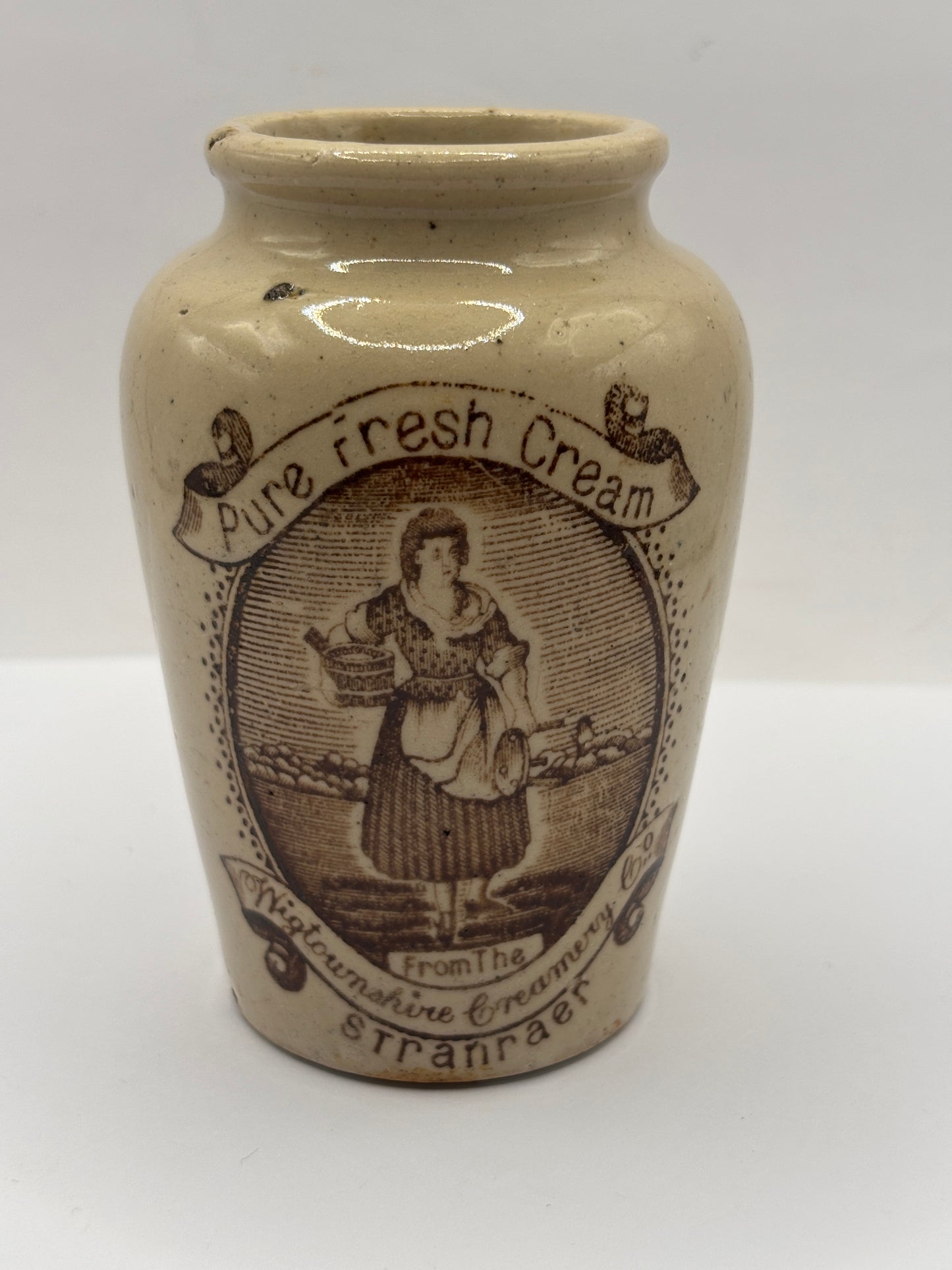 Old advertising cream pot, pure fresh cream Stranraer. Serpia print