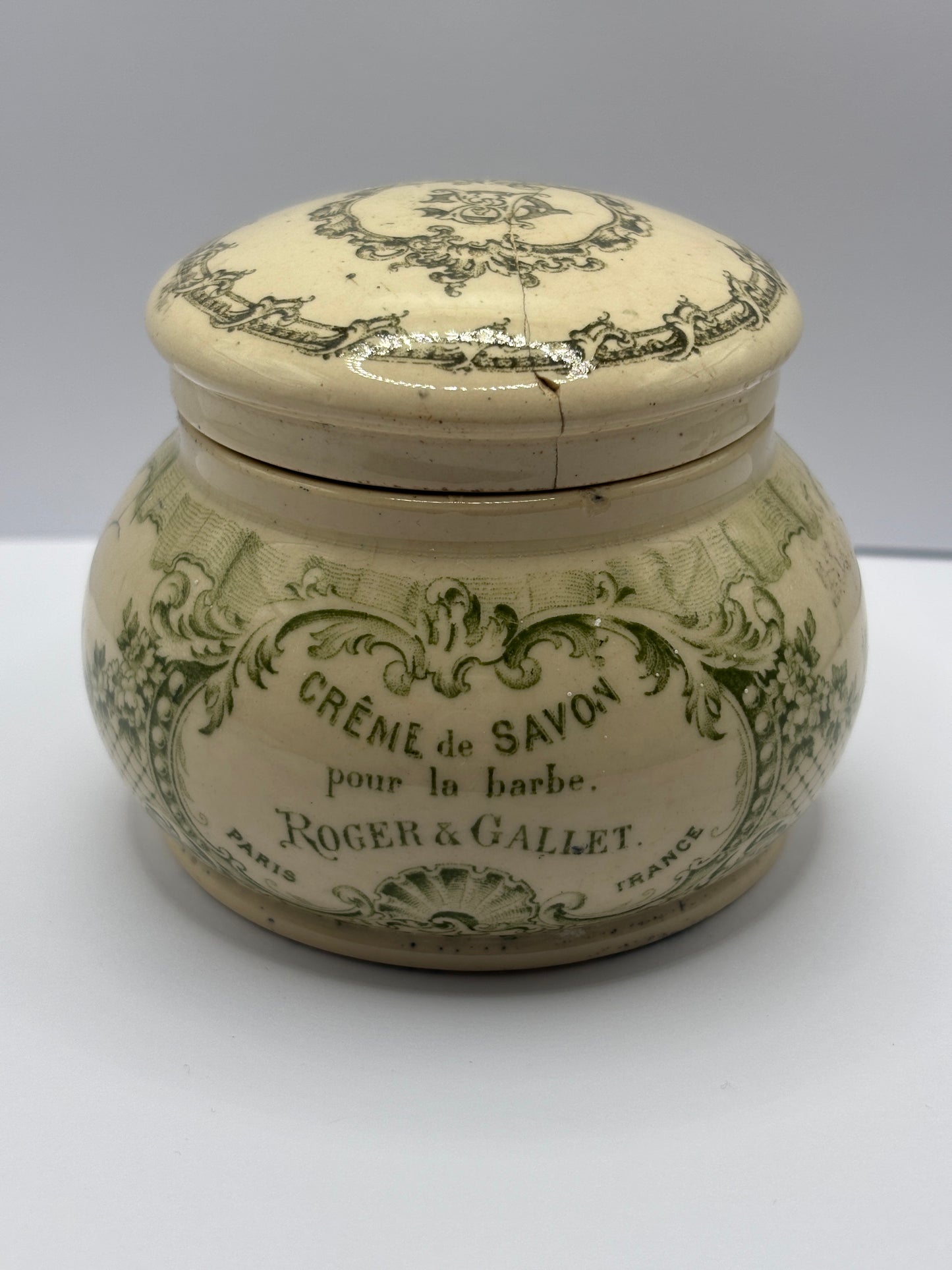 Old creme de savon advertising jar, Paris France. damages