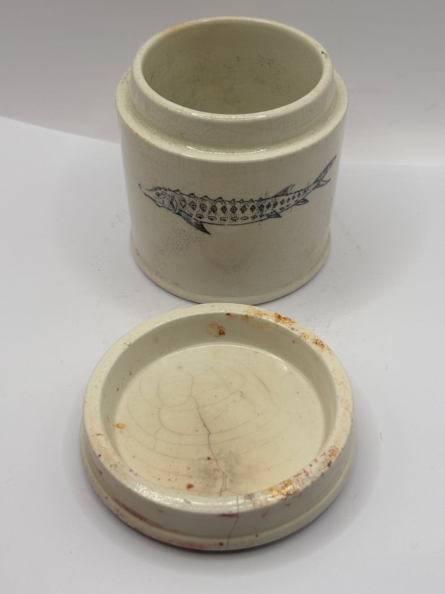 Old stoneware caviar jar and lid. Chipped