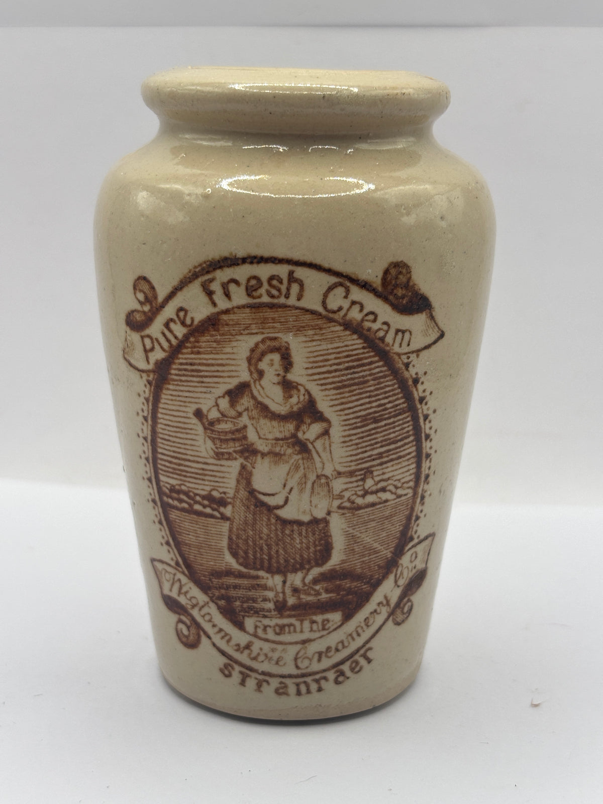 Old advertising cream pot, rich preserved cream stranraer, milkmaid. Serpia print
