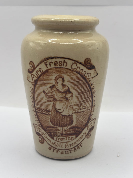Old advertising cream pot, rich preserved cream stranraer, milkmaid. Serpia print