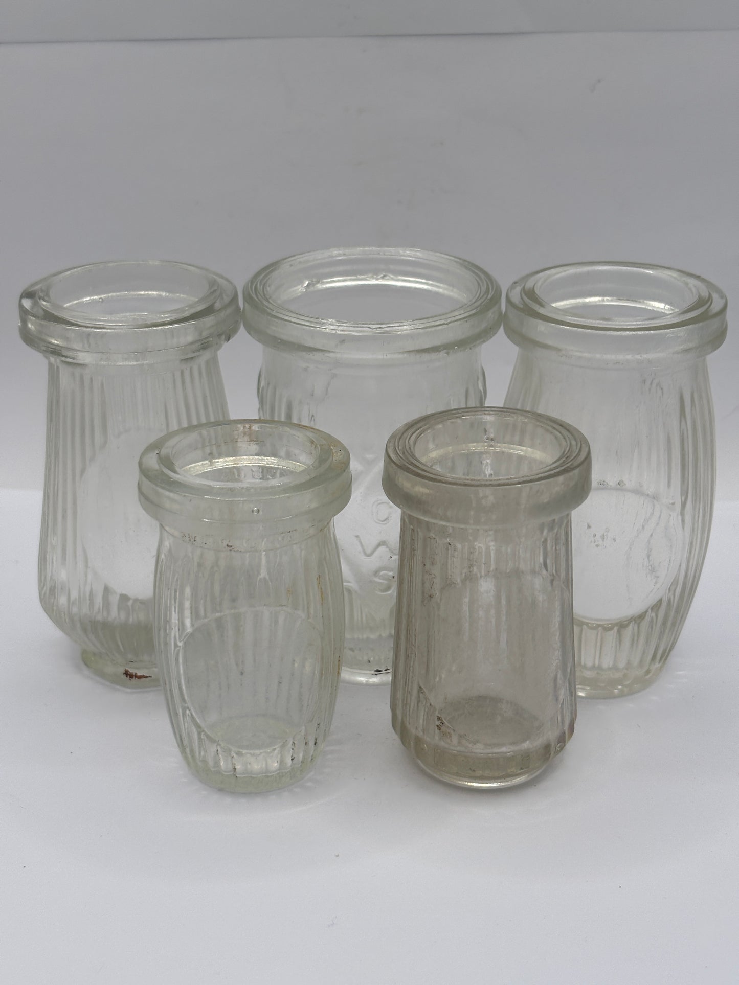5 old clear glass meat paste jars