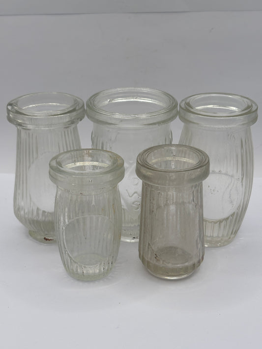 5 old clear glass meat paste jars