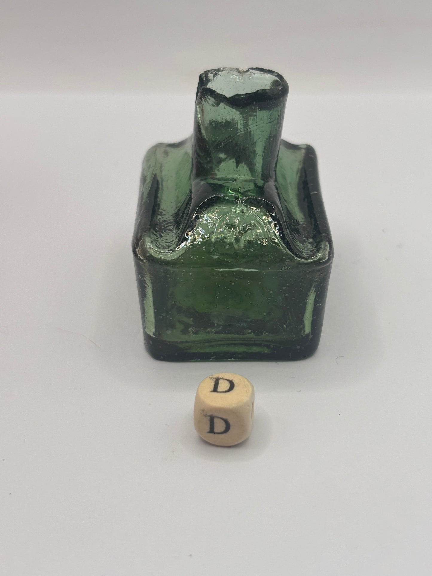 Old green glass boat ink, inkwell. Morrells (D) DAMAGED