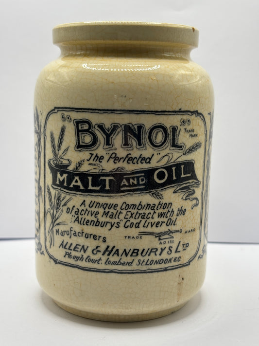 Old stoneware advertising jar, Bynol