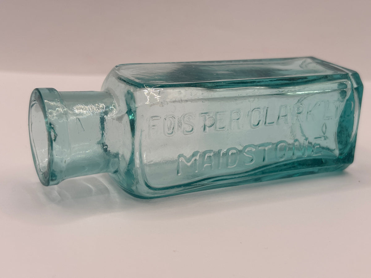 Old aqua glass advertising bottle, Eiffel tower Lemonade