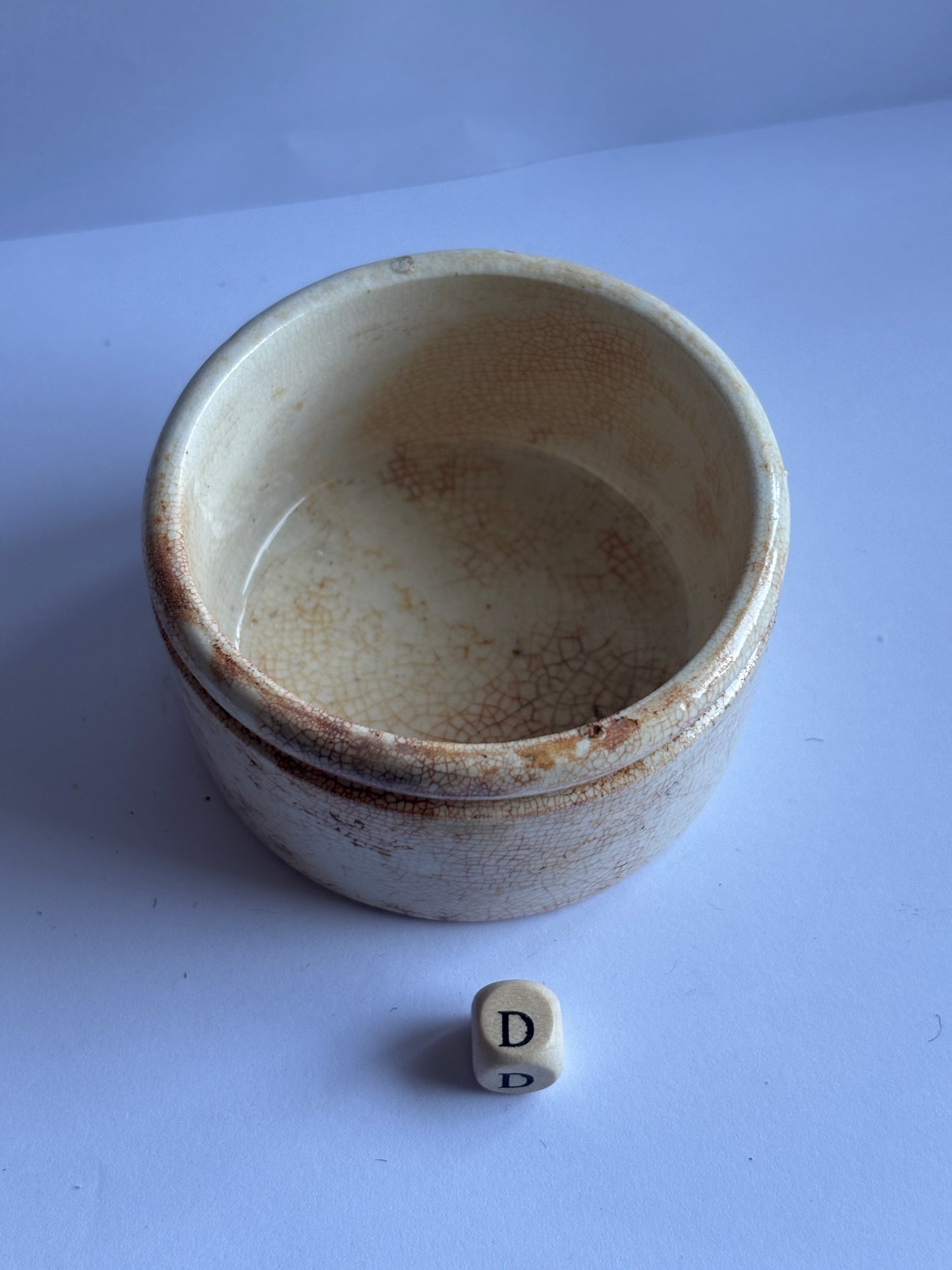 Old stained & crazed stoneware paste pot, Needhams polishing paste (D)