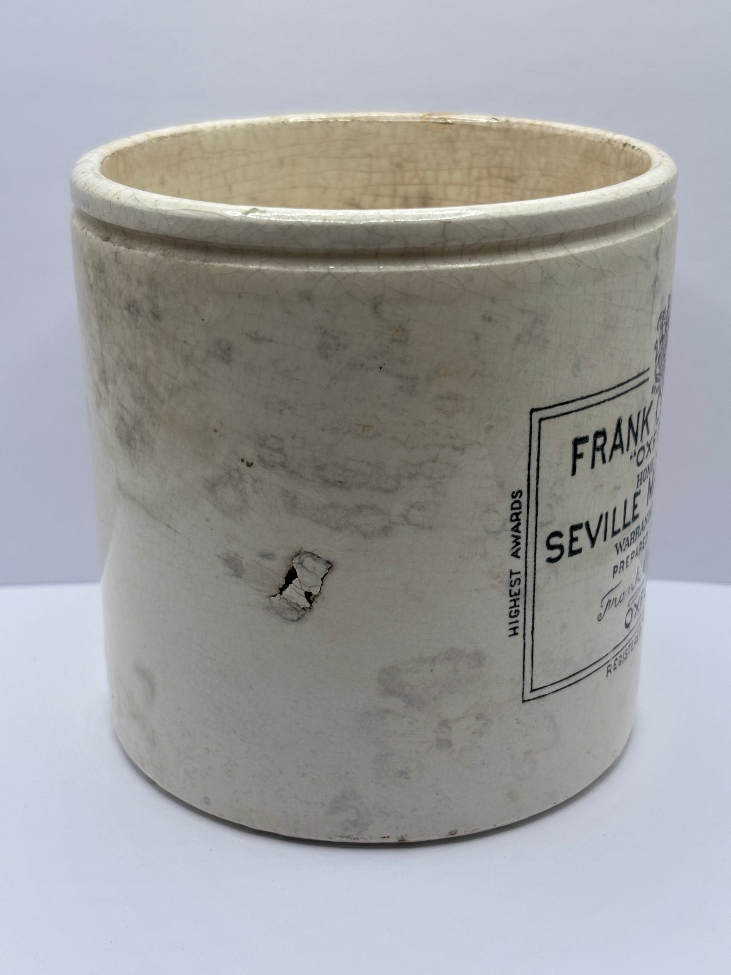 Old 2lb frank cooper marmalade jar, stained & crazed