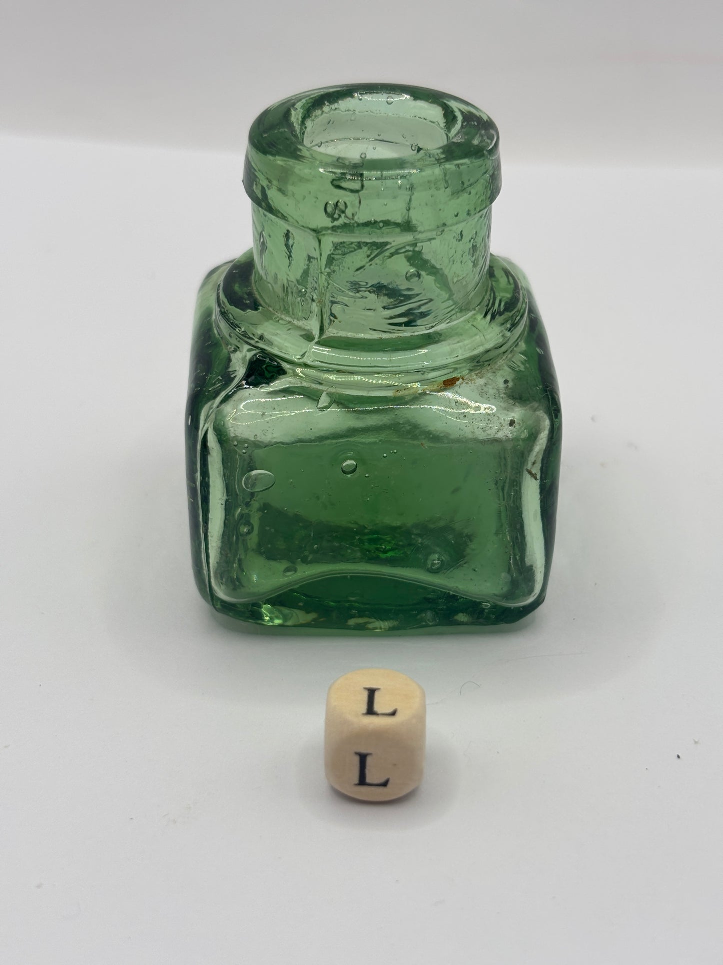 Old green glass ink bottle, inkwell (L)