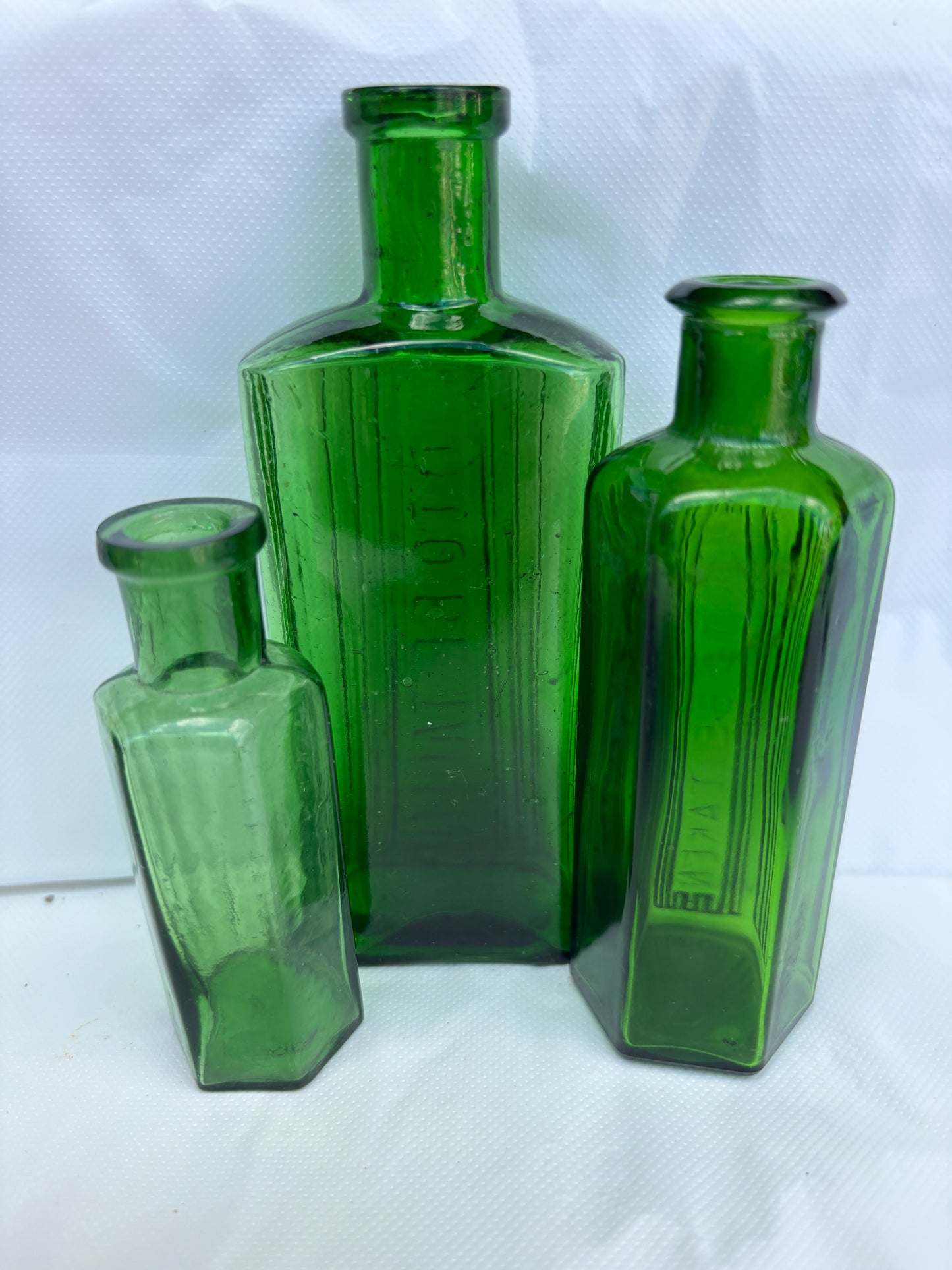 3 green ribbed poison bottles, Not to be taken. Halloween decor