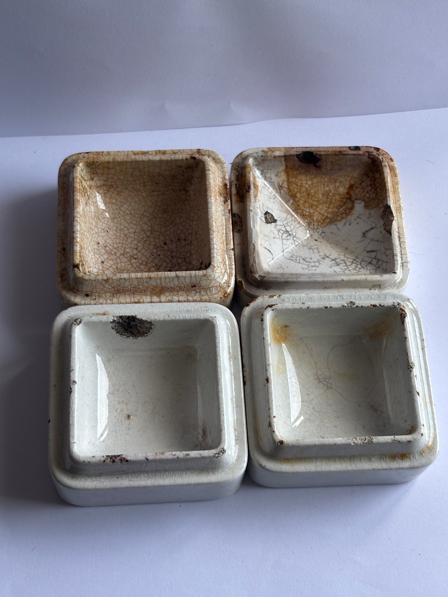 4 old square pot lid bases, stackers, risers