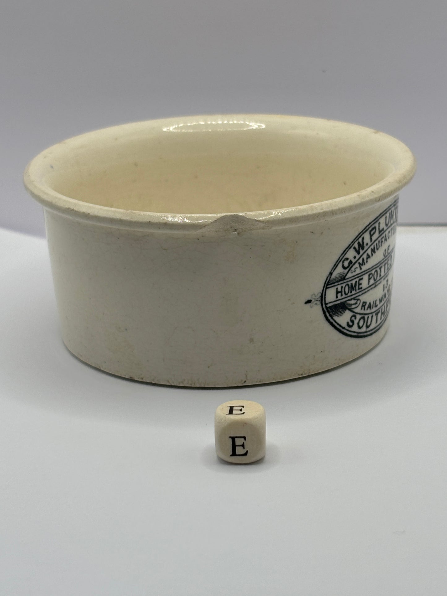 Plumtree home potted meats advertising pot. Damaged (e)