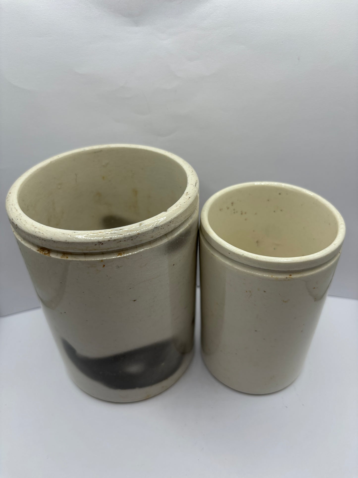 2 old stoneware preserve pots