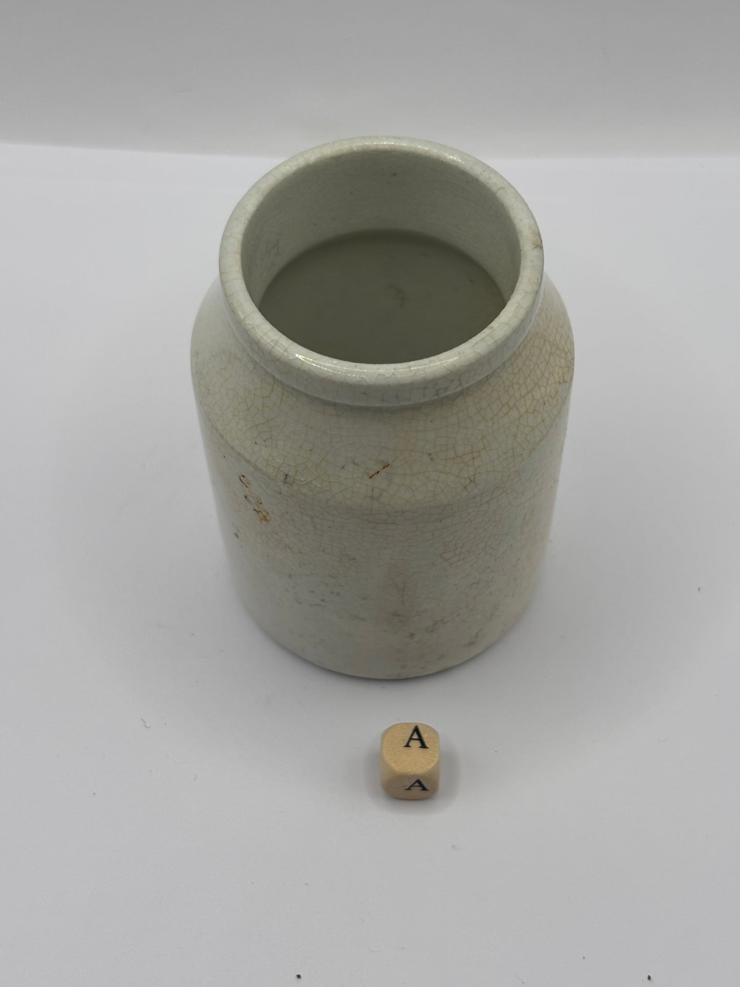 Old white stoneware jar, mustard pot. (A)
