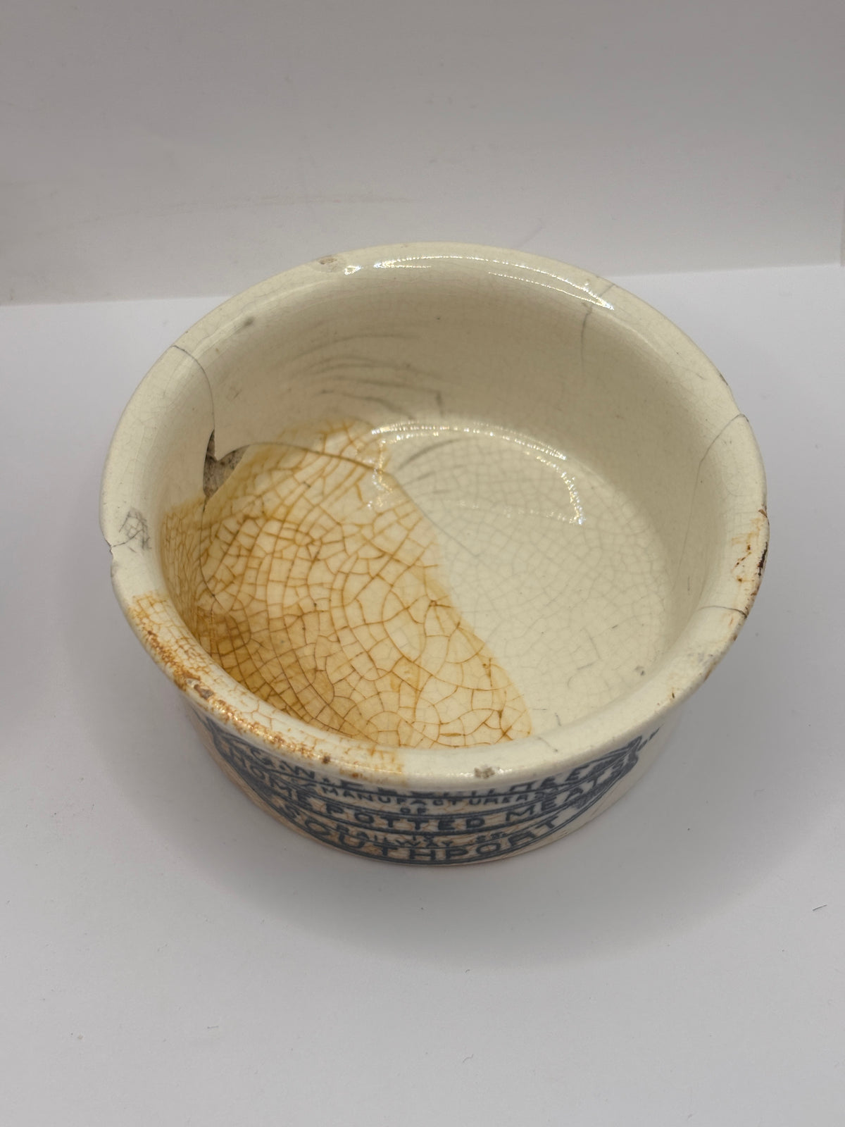 Old advertising meat paste pot, Plumtree home potted meats. Damaged