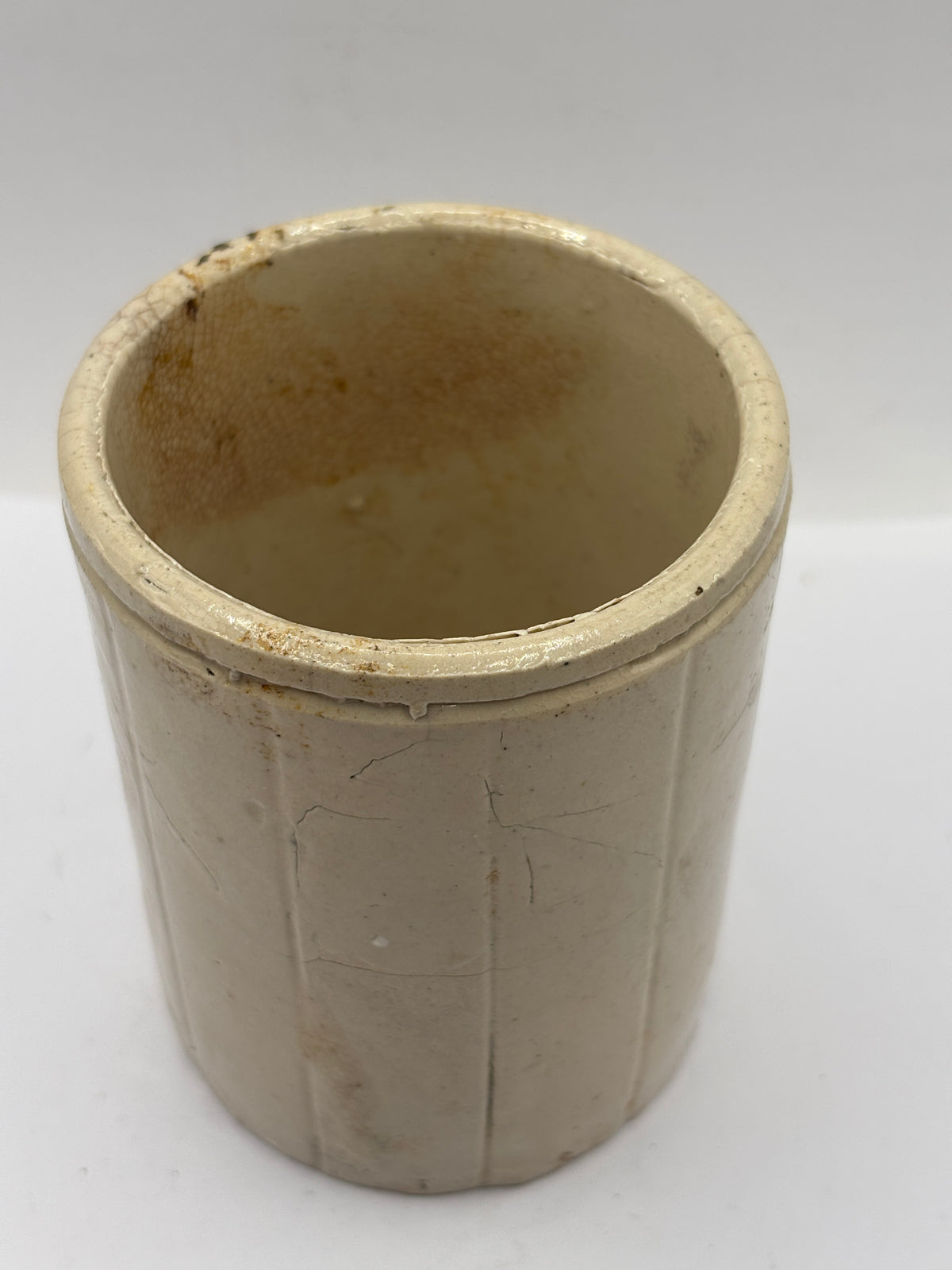 Old 1lb ribbed stoneware jam pot (TZ) stained & crazed