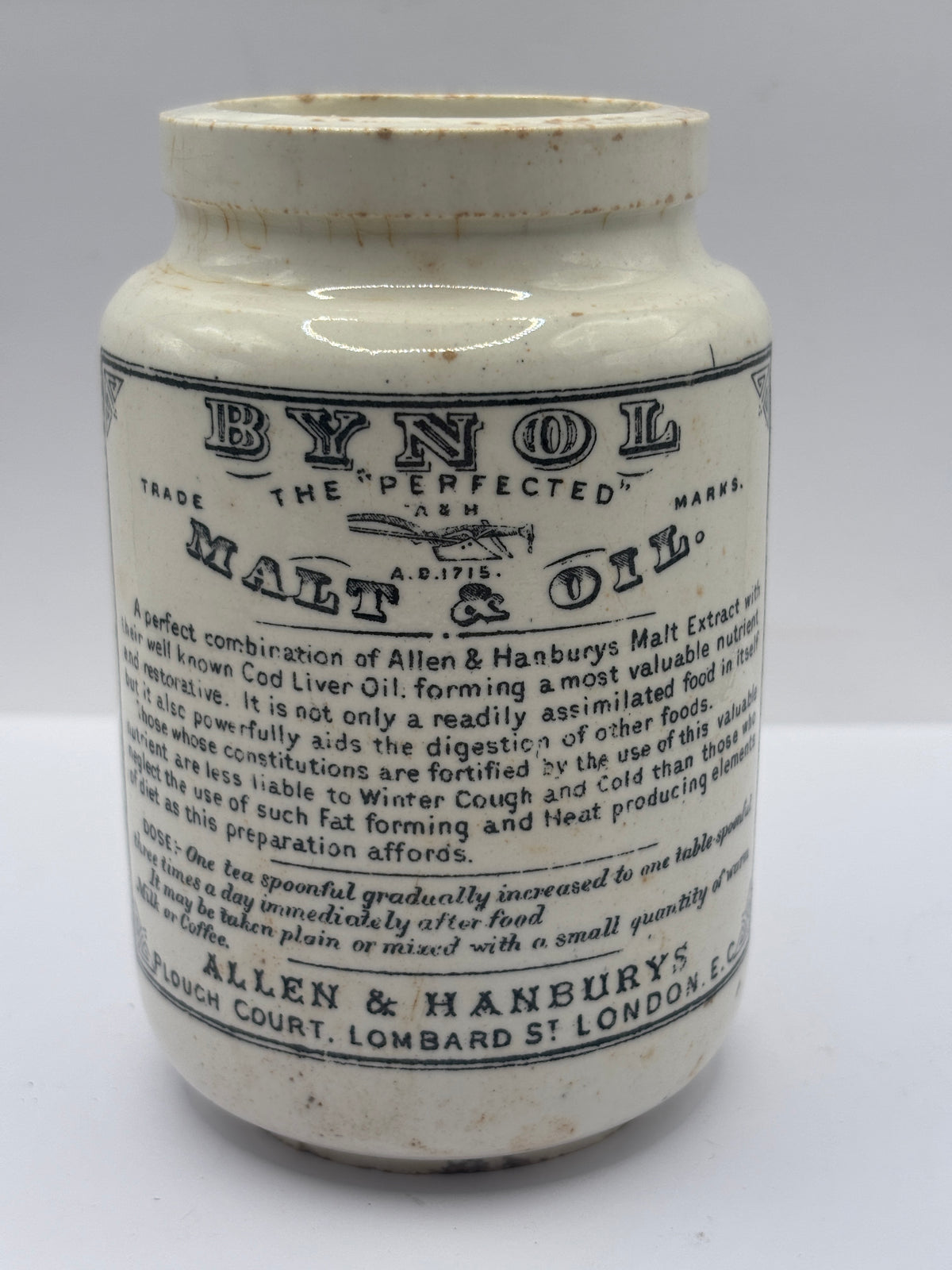 Old advertising jar, Bynol the perfected malt & oil