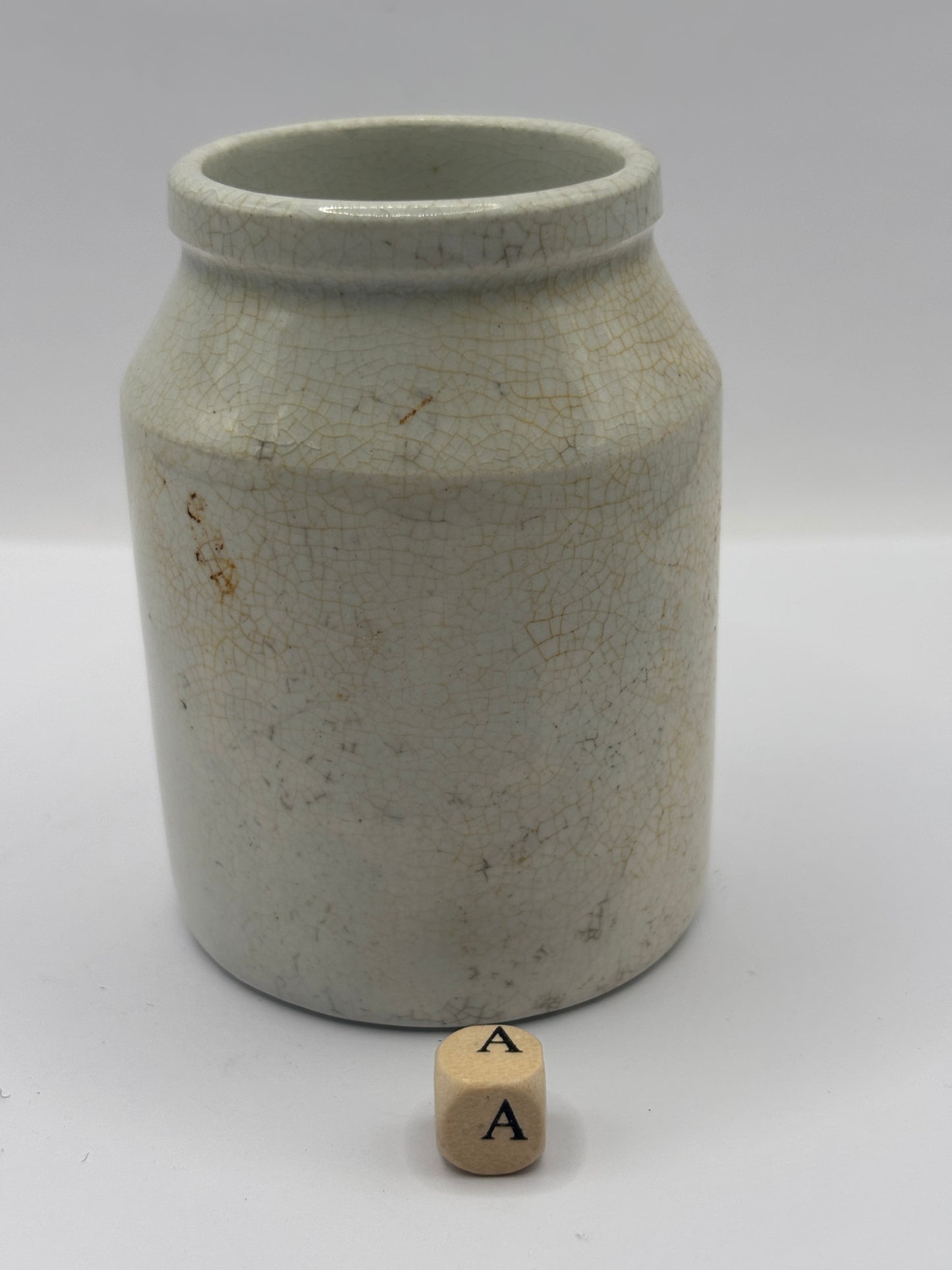 Old white stoneware jar, mustard pot. (A)