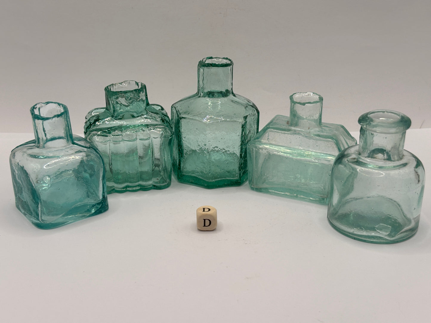 5 old aqua glass inks, inkwells, ink bottles, penny ink (D)