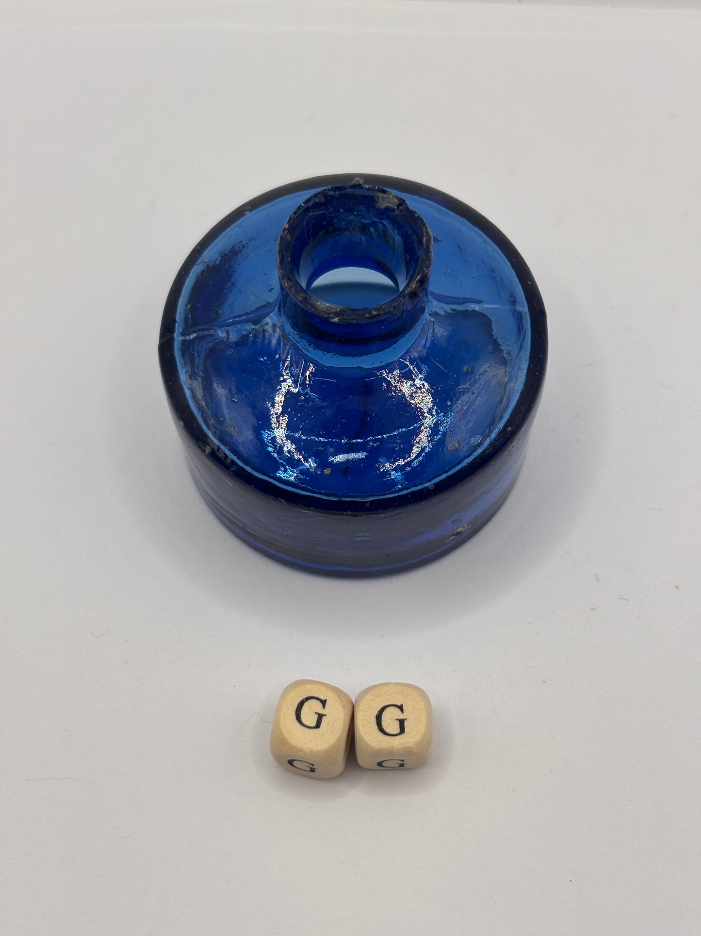 Old blue glass inkwell, ink bottle (GG)
