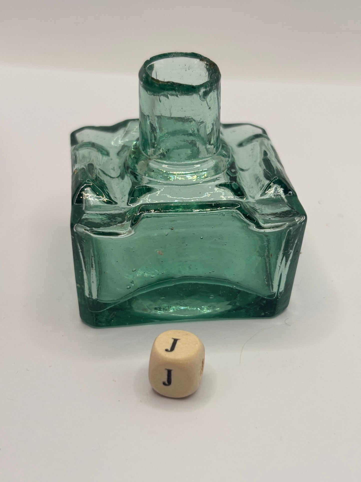 Old aqua glass inkwell, ink bottle (J)