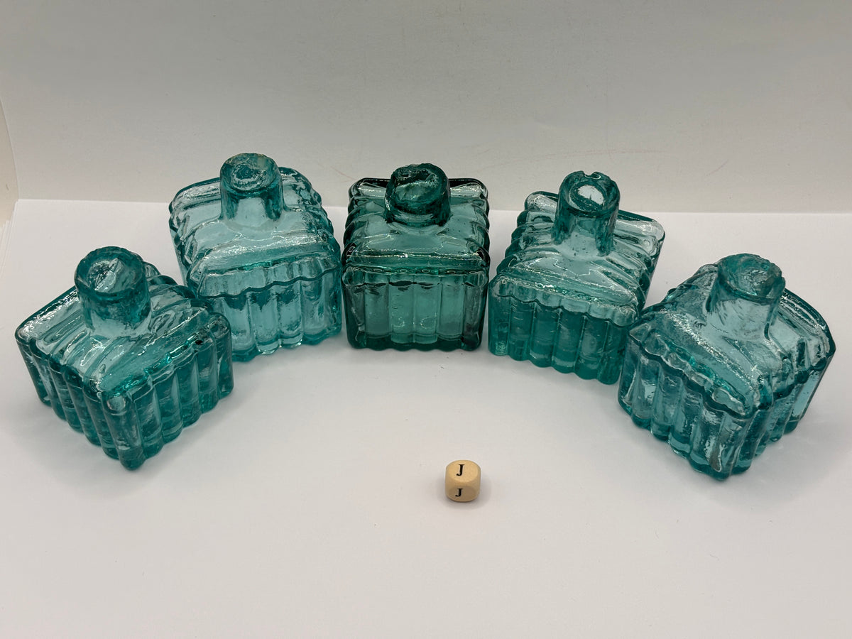 5 old dark aqua glass ribbed inks, inkwells, ink bottles, penny ink (J)