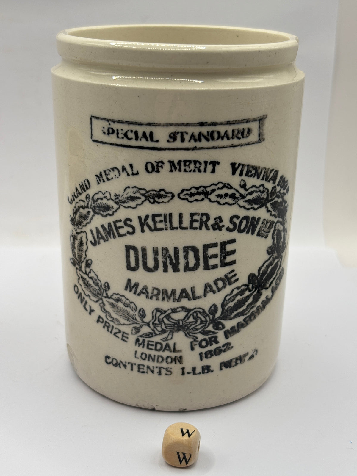 Old 1lb stoneware marmalade pot, James Keiller Dundee marmalade (w)