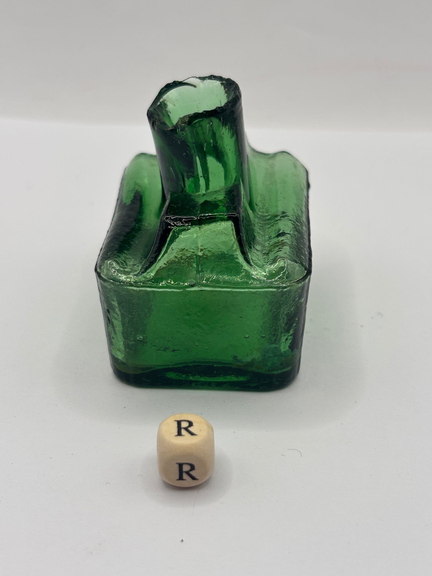 Old green glass boat ink, inkwell (R)