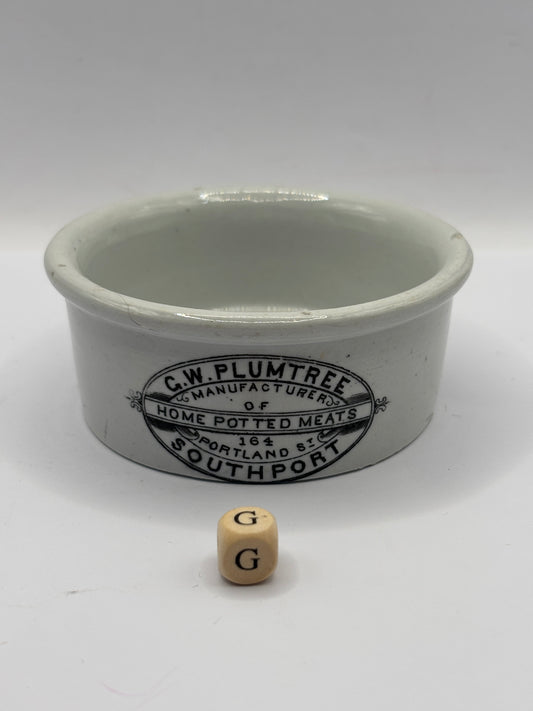 Old advertising meat paste pot, Plumtree home potted meats (G)