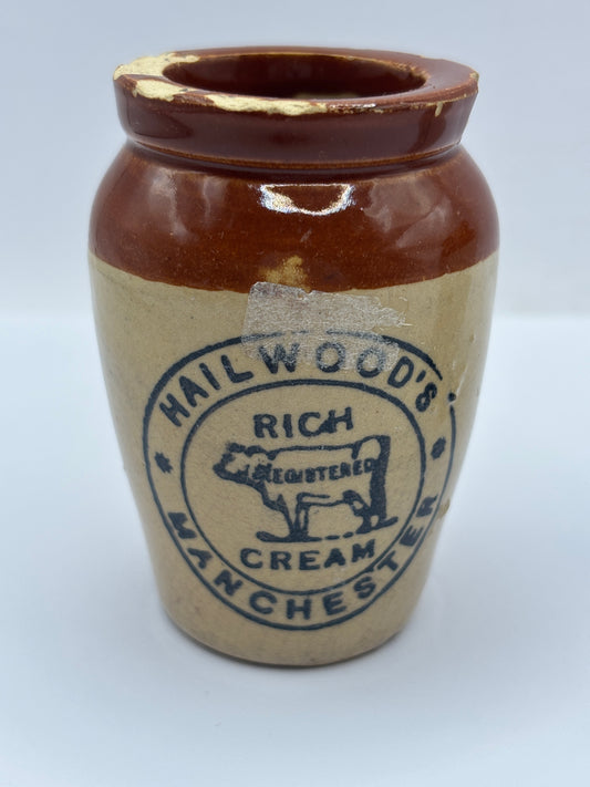 Old advertising cream pot, Hailwoods rich cream. Damaged