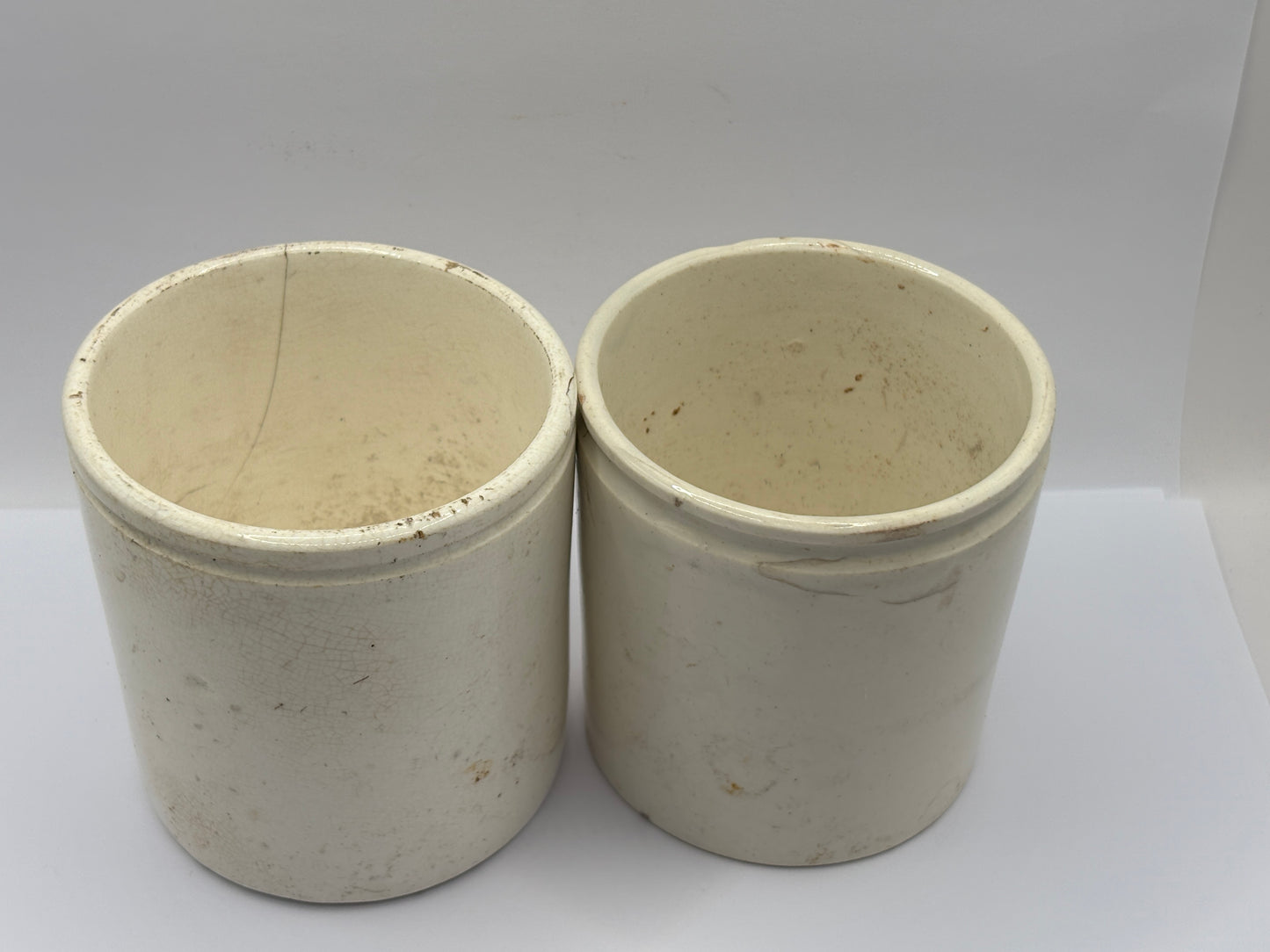 2 old white stoneware jam & marmalade pots. Chippy/hairline