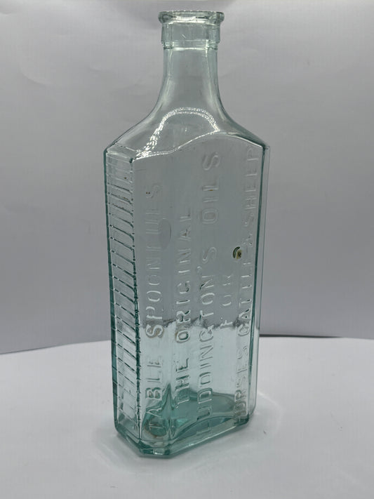 Old aqua glass vets bottle, luddingtons oils for horses cattle & sheep