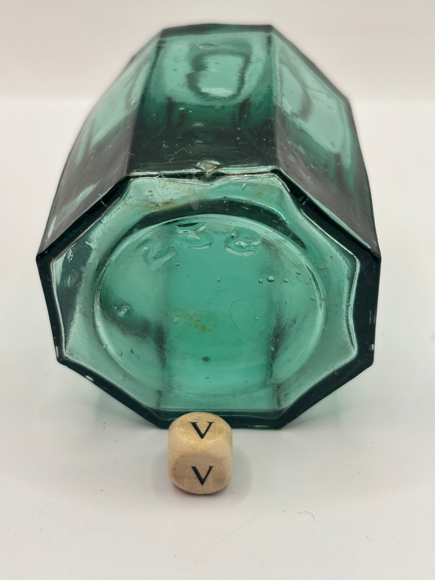 Old large dark aqua glass inkwell, ink bottle (V)