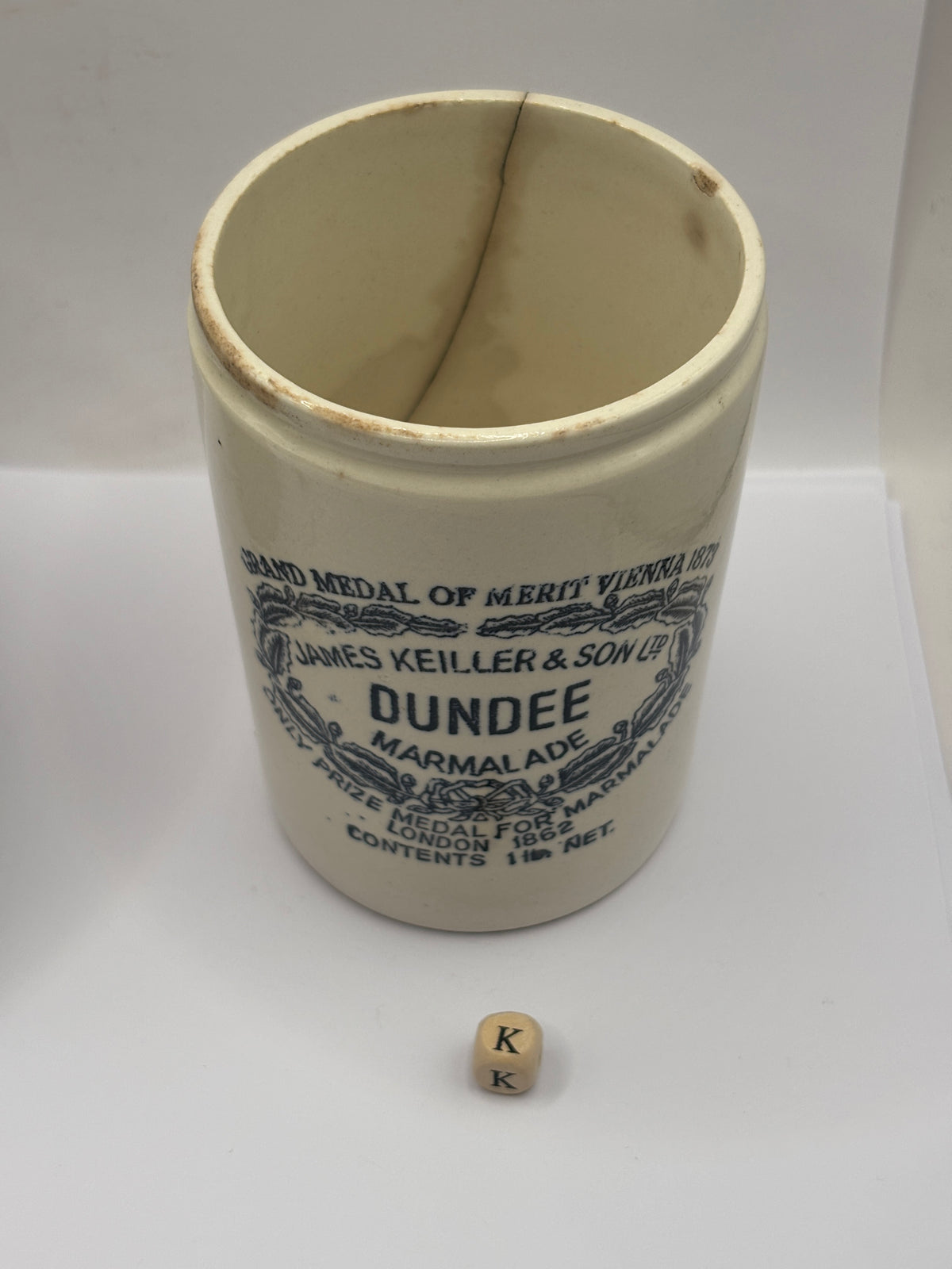 Old 1lb stoneware marmalade pot, James Keiller Dundee marmalade (k) hairline