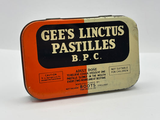 Old advertising tin, Gee’s linctus pastilles tin