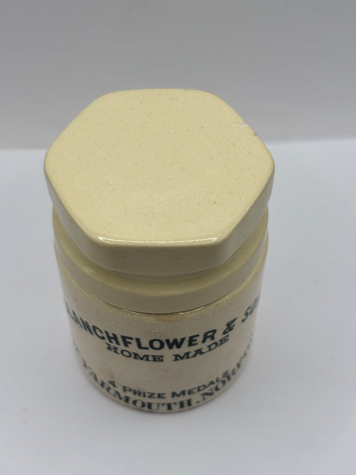 Old stoneware advertising jar, Blanchflower home made potted meat jar