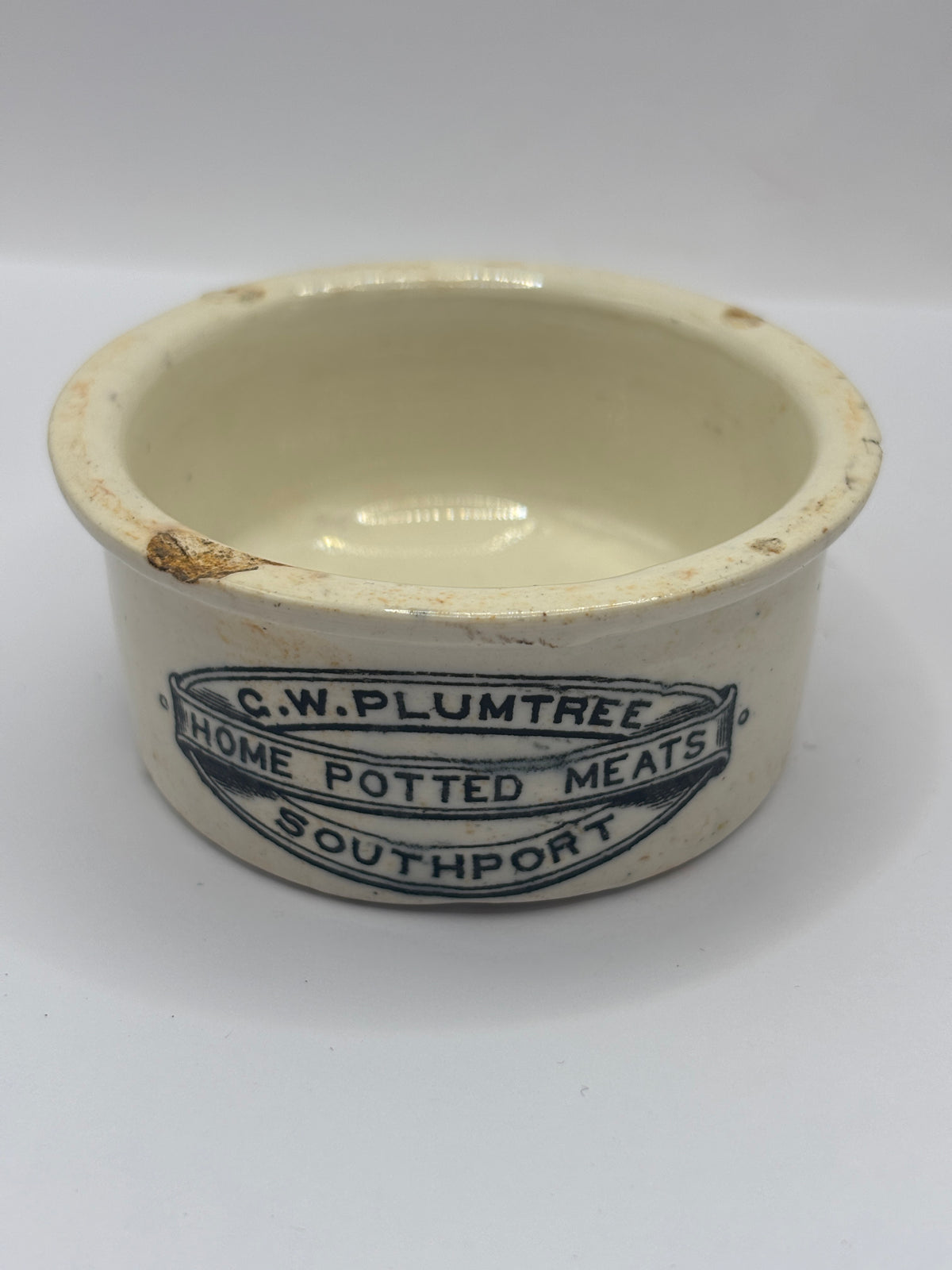Old small advertising meat paste pot, Plumtree home potted meats