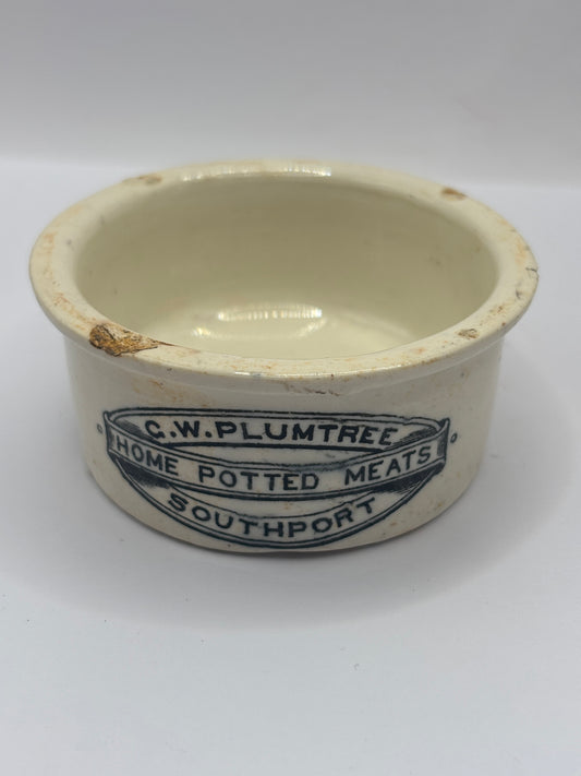Old small advertising meat paste pot, Plumtree home potted meats