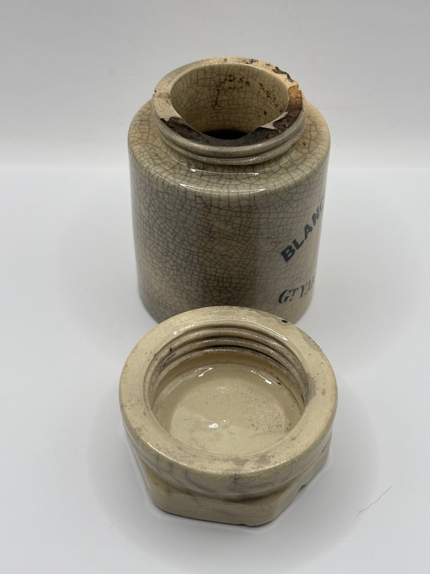 Old stoneware potted meat jar and lid. Blanchflower