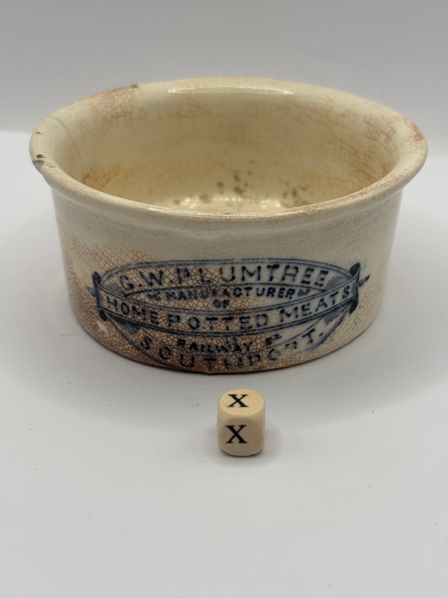 Old Plumtree advertising meat paste pot. Stained & crazed (X)