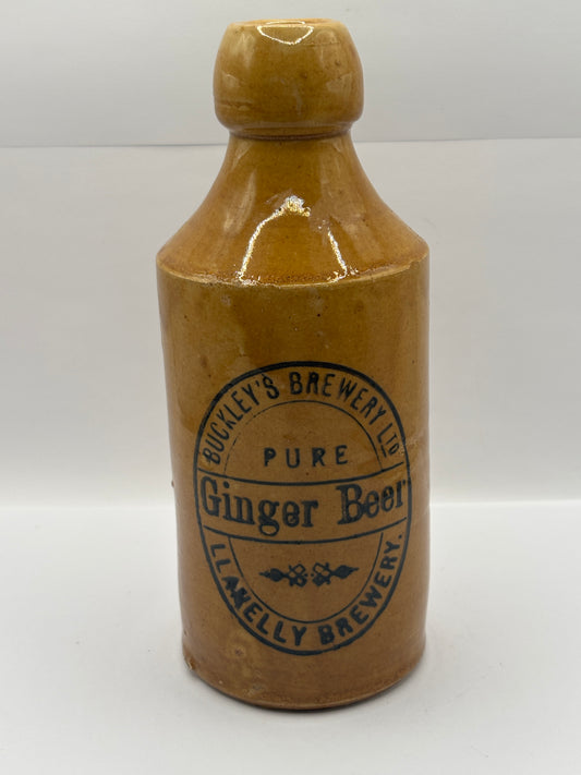 Old stoneware ginger beer bottle, Buckleys brewery, Pure ginger beer. Llanelly brewery