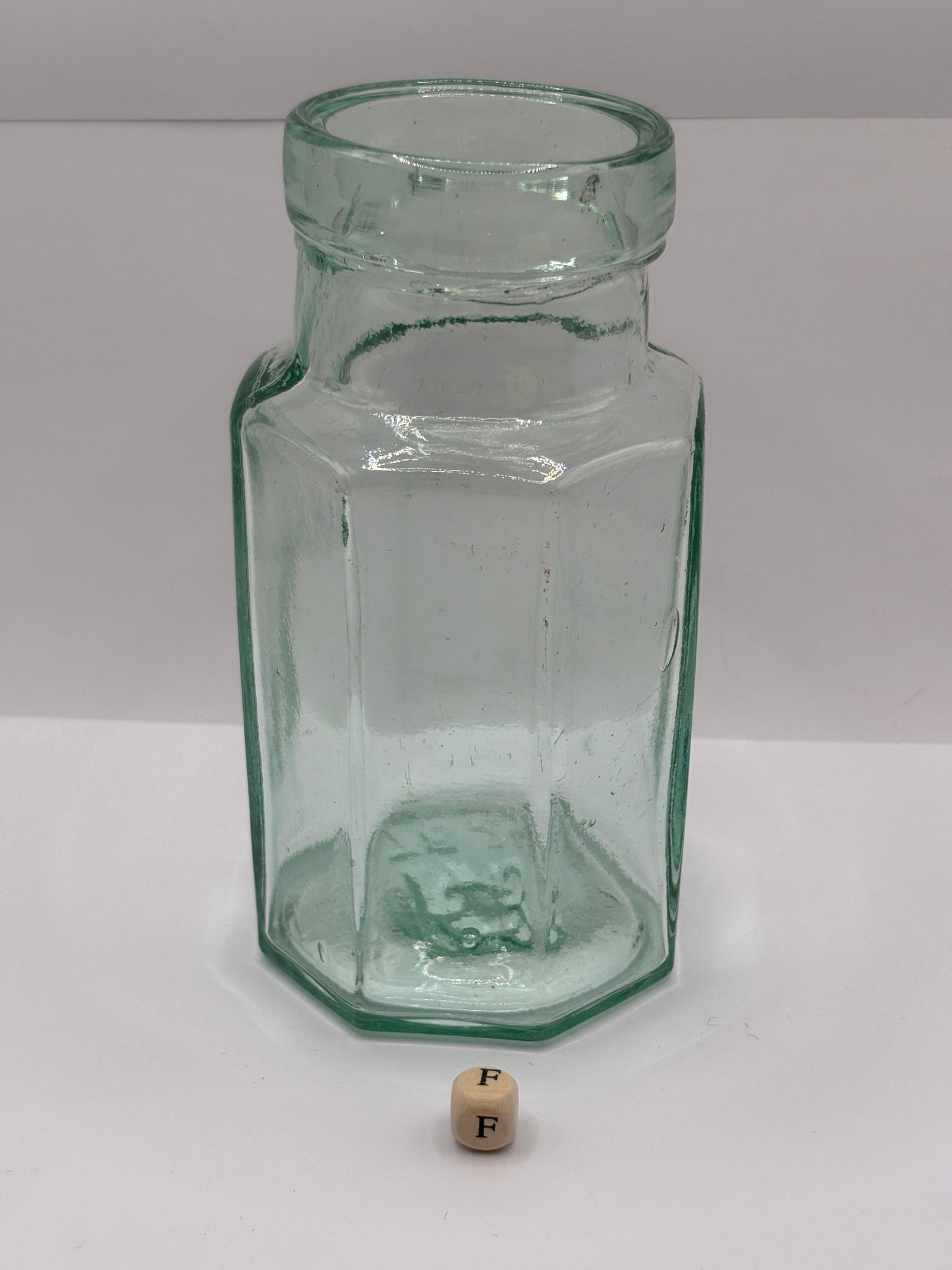 Old 8 sided aqua glass pickle jar, preserve jar (F)