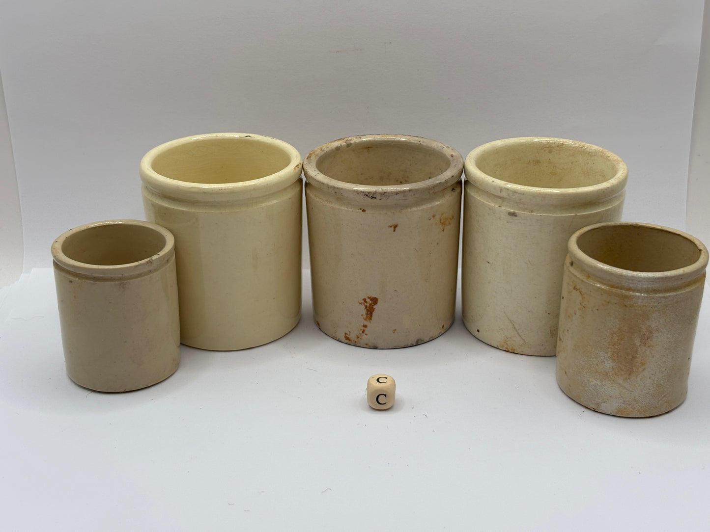 5 old small stoneware jars & pots (c)
