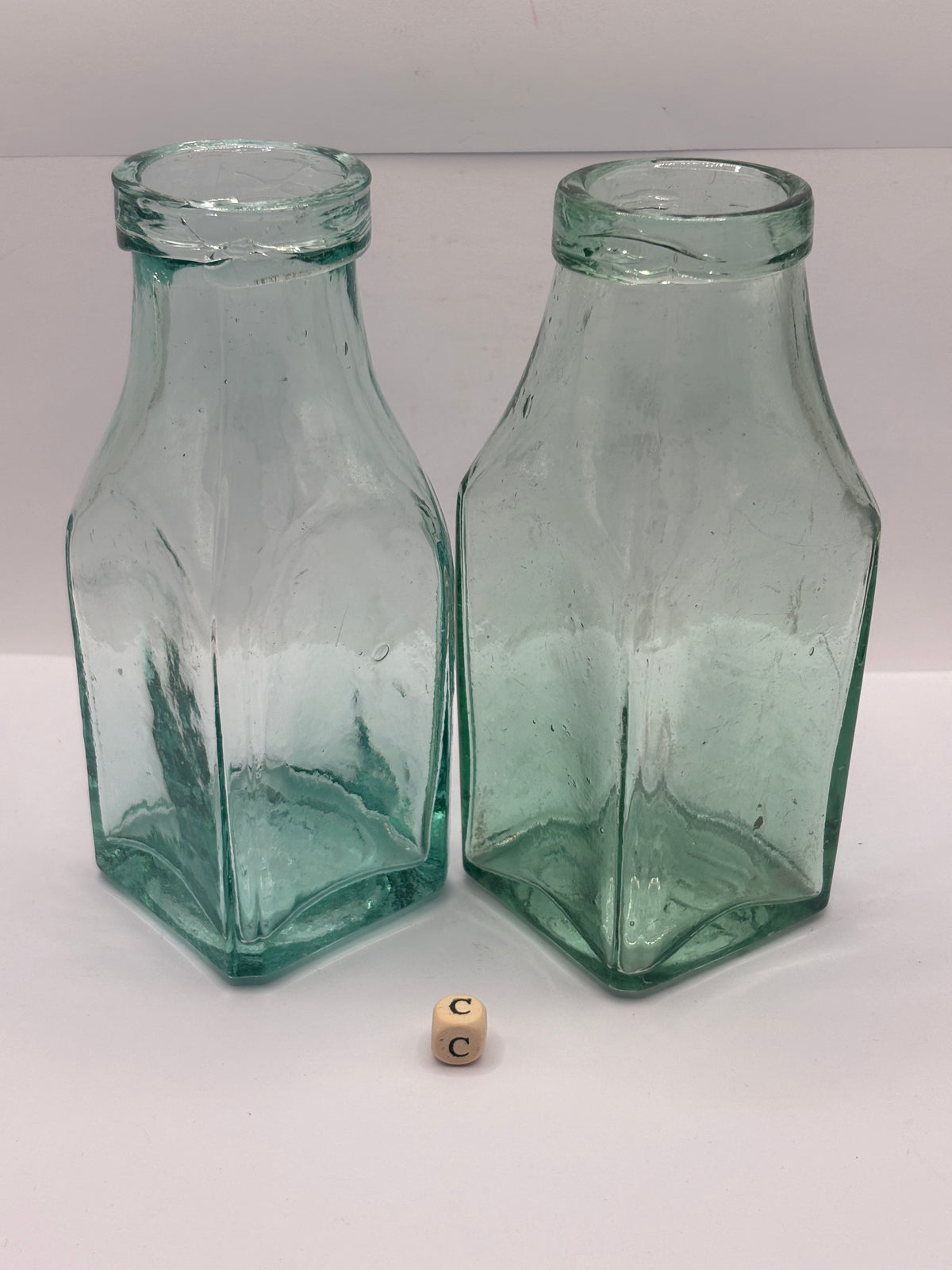 2 Old square aqua glass pickle jars (c)