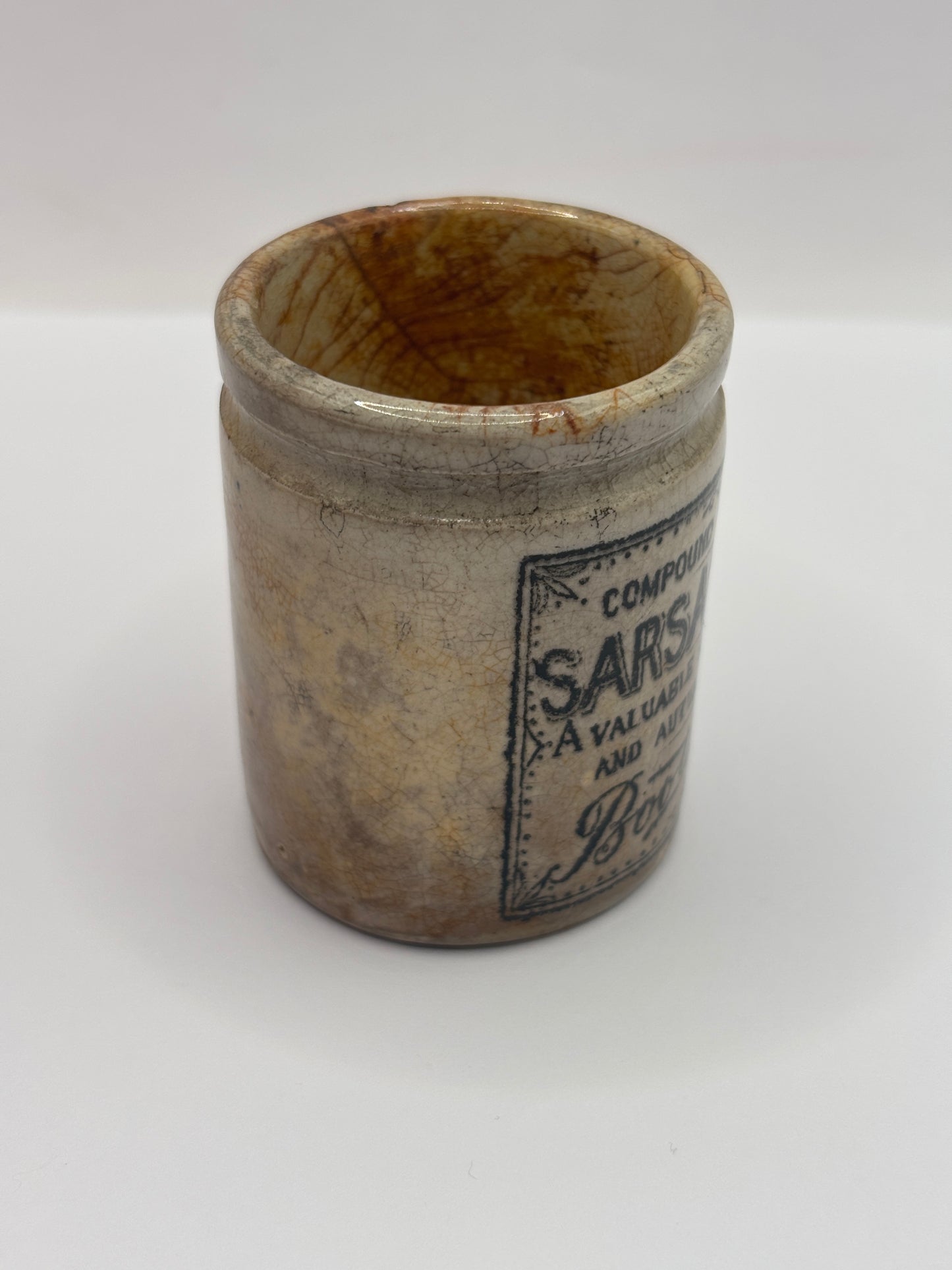 Old advertising pot, Boots Sarsaparilla