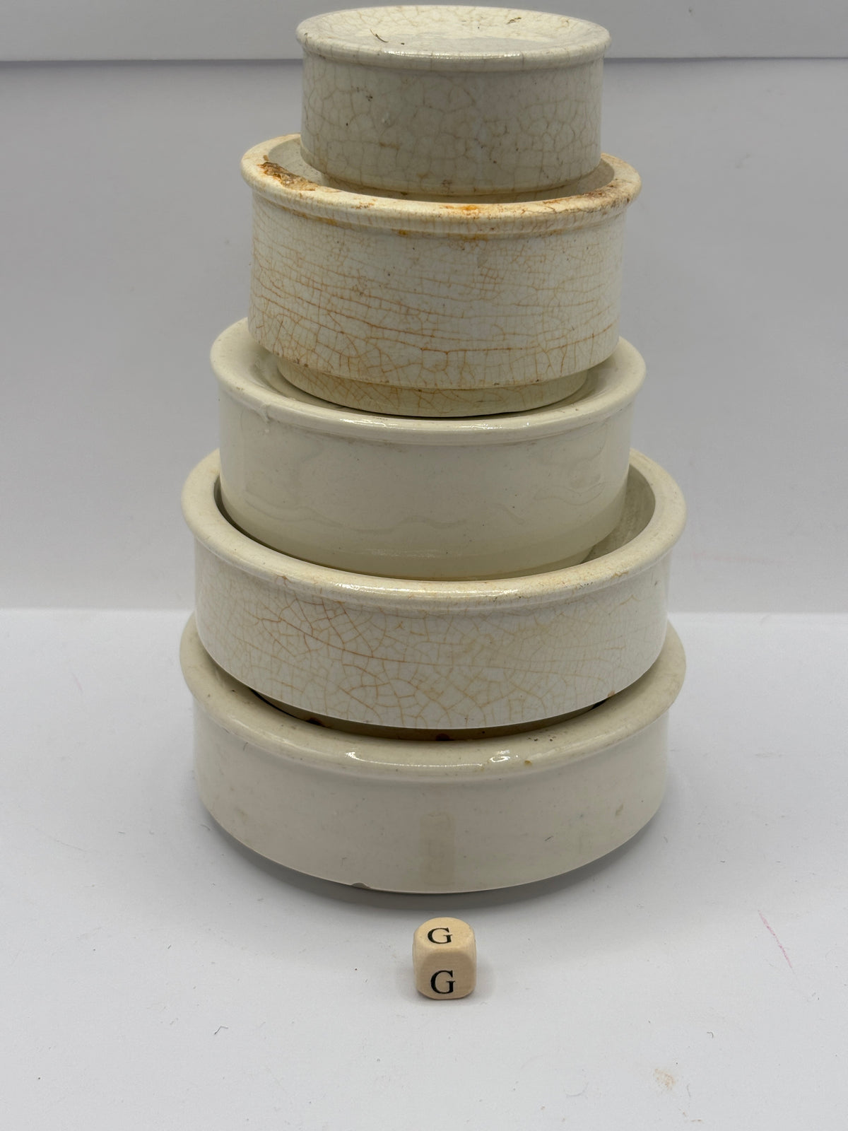 5 old stoneware pot lid bases, stackers (G)